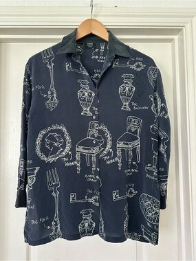 Vintage Timney Fowler London 100% Silk Button Up Shirt Art Design Small Black